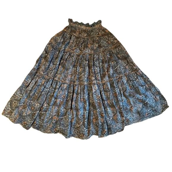 Free People Boho Cottage Core Blue Printed Tiered Linen Blend Maxi Skirt Small - Picture 15 of 16